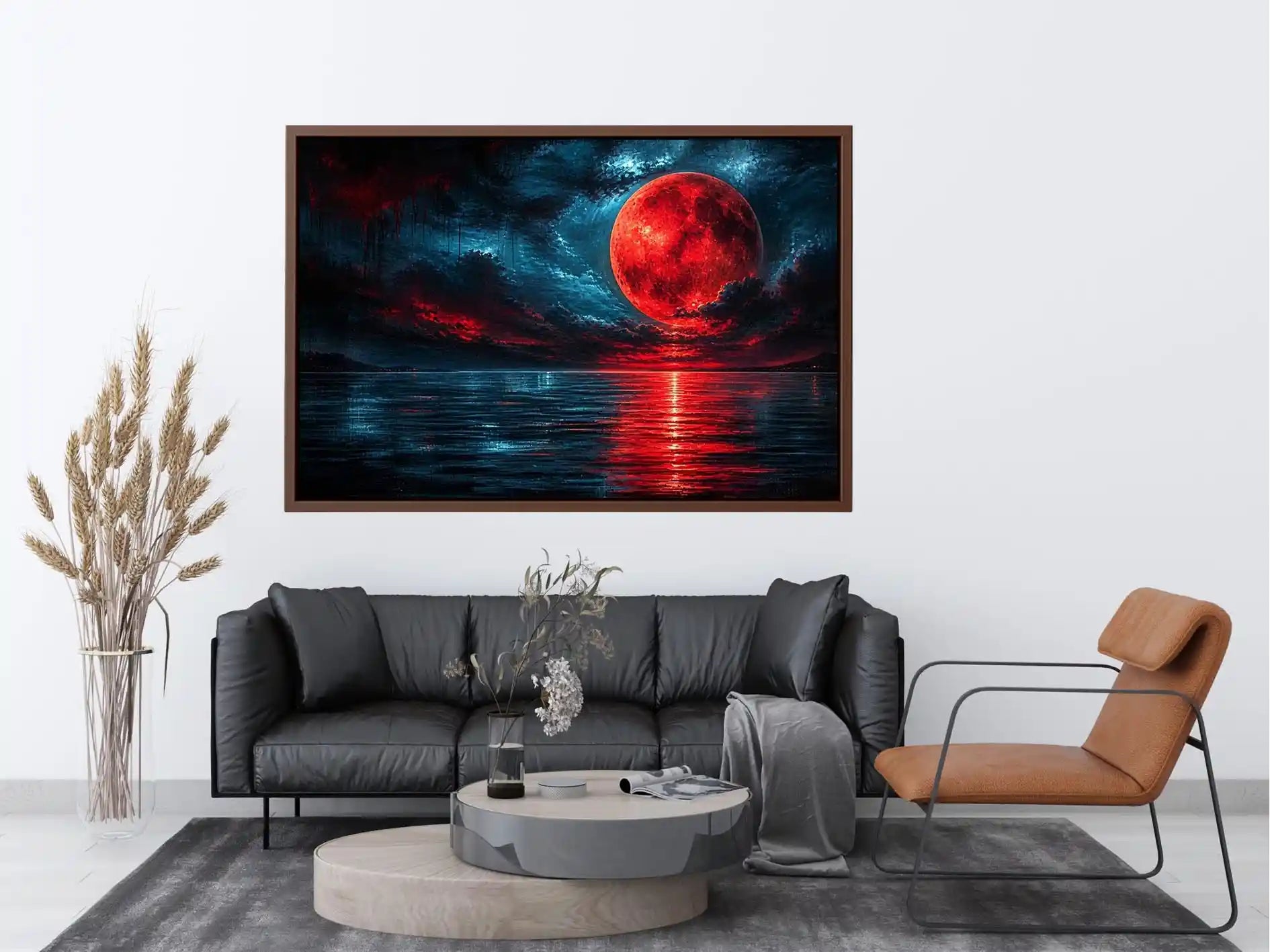 red moon abstract wall art canvas ocean reflection modern painting teal blue dramatic decor artwork