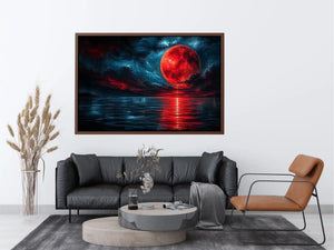 red moon abstract wall art canvas ocean reflection modern painting teal blue dramatic decor artwork