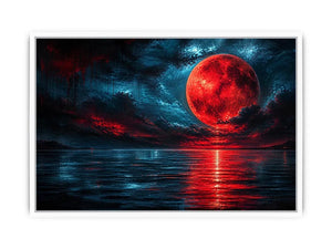 red moon abstract wall art canvas ocean reflection modern painting teal blue dramatic decor artwork