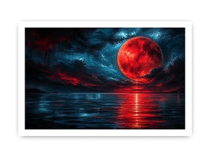 red moon abstract wall art canvas ocean reflection modern painting teal blue dramatic decor artwork