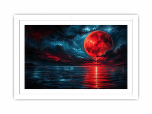 red moon abstract wall art canvas ocean reflection modern painting teal blue dramatic decor artwork