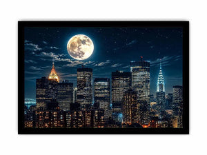 NYC skyline wall art canvas moon night city lights modern photography blue black urban decor