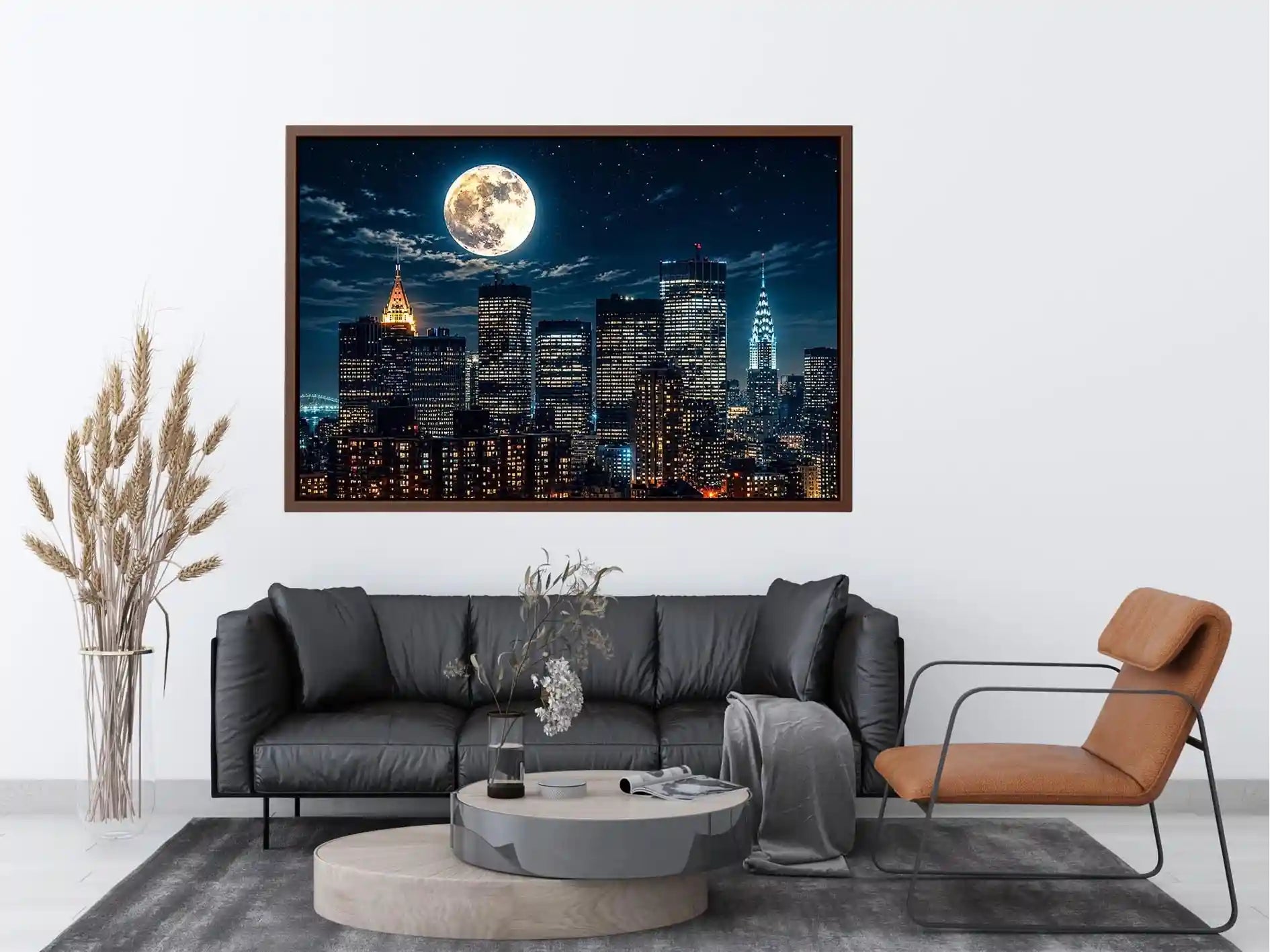 NYC skyline wall art canvas moon night city lights modern photography blue black urban decor