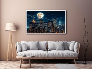 NYC skyline wall art canvas moon night city lights modern photography blue black urban decor