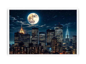 NYC skyline wall art canvas moon night city lights modern photography blue black urban decor