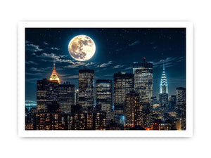 NYC skyline wall art canvas moon night city lights modern photography blue black urban decor