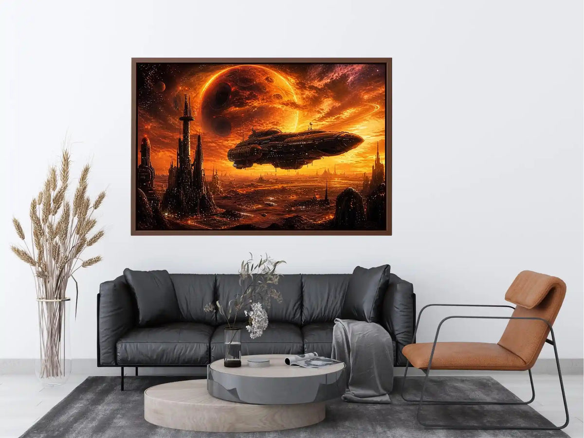 futuristic planet city wall art canvas spaceship sci fi sunset alien landscape orange red decor artwork