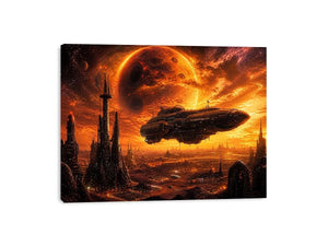 futuristic planet city wall art canvas spaceship sci fi sunset alien landscape orange red decor artwork