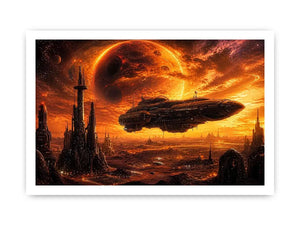futuristic planet city wall art canvas spaceship sci fi sunset alien landscape orange red decor artwork