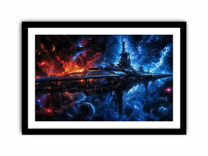 futuristic space station wall art canvas sci fi galaxy spaceship blue red cosmic digital artwork decor