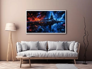 futuristic space station wall art canvas sci fi galaxy spaceship blue red cosmic digital artwork decor