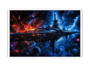 futuristic space station wall art canvas sci fi galaxy spaceship blue red cosmic digital artwork decor