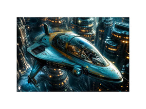 futuristic hovercraft wall art canvas sci fi vehicle city background modern digital artwork blue teal decor