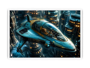 futuristic hovercraft wall art canvas sci fi vehicle city background modern digital artwork blue teal decor