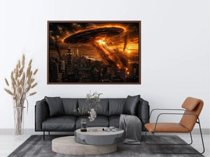alien invasion wall art canvas spaceship city explosion sci fi apocalypse skyline dramatic artwork decor