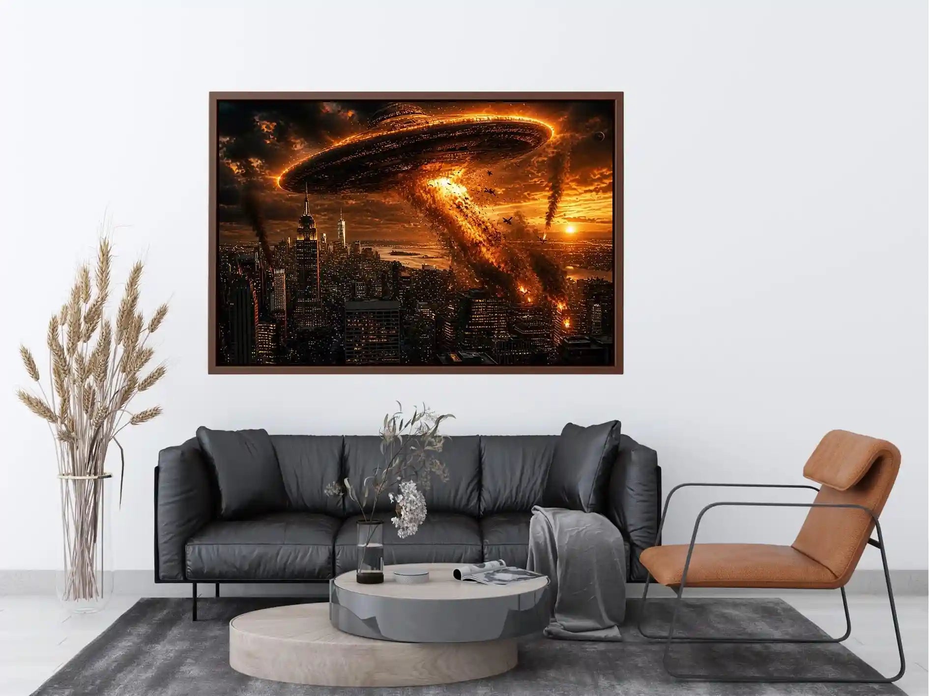 alien invasion wall art canvas spaceship city explosion sci fi apocalypse skyline dramatic artwork decor