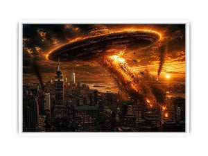 alien invasion wall art canvas spaceship city explosion sci fi apocalypse skyline dramatic artwork decor