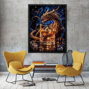 dragon whiskey wall art canvas fantasy creature glowing amber drink luxury gothic decor artwork
