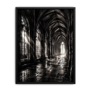 gothic cathedral hallway wall art canvas monochrome architecture dark academia decor black white artwork