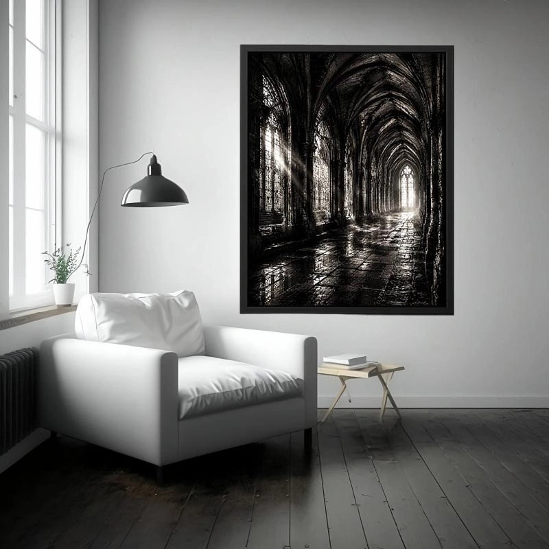 gothic cathedral hallway wall art canvas monochrome architecture dark academia decor black white artwork