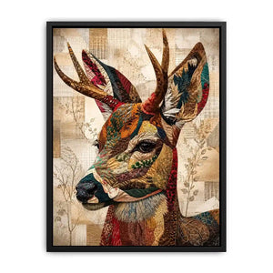 patchwork deer wall art boho woodland animal canvas textured collage neutral earthy decor artwork