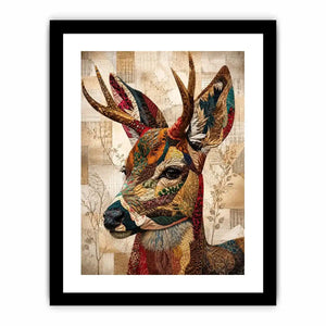 patchwork deer wall art boho woodland animal canvas textured collage neutral earthy decor artwork