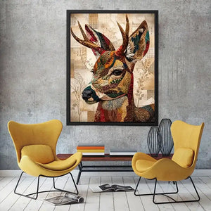 patchwork deer wall art boho woodland animal canvas textured collage neutral earthy decor artwork