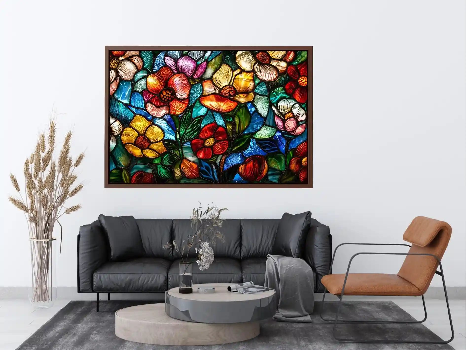 stained glass floral wall art colorful botanical mosaic canvas luxury modern decor artwork