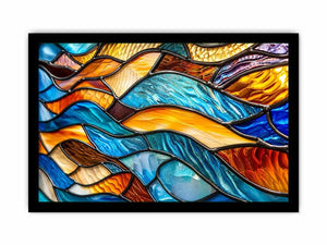 Bright abstract stained glass wall art with flowing blue orange and gold mosaic textures for luxury modern interiors