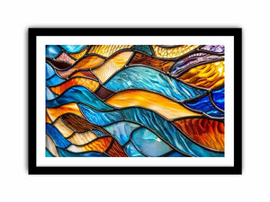 Bright abstract stained glass wall art with flowing blue orange and gold mosaic textures for luxury modern interiors
