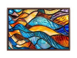 Bright abstract stained glass wall art with flowing blue orange and gold mosaic textures for luxury modern interiors