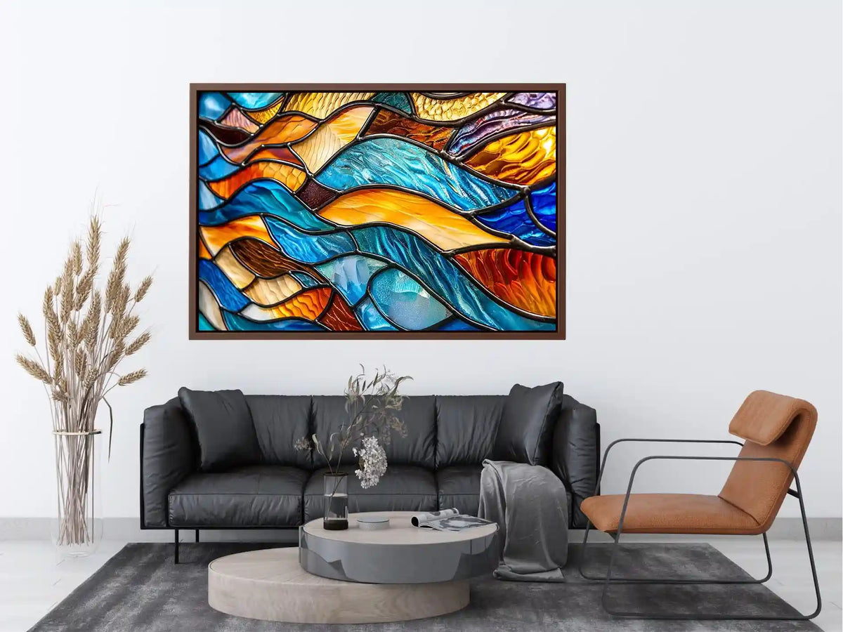 Bright abstract stained glass wall art with flowing blue orange and gold mosaic textures for luxury modern interiors