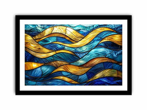 Luxury blue and gold stained glass abstract wave wall art for modern coastal and contemporary interiors