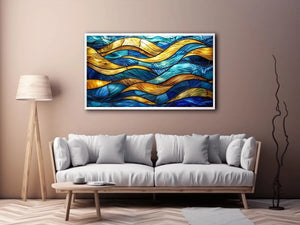 Luxury blue and gold stained glass abstract wave wall art for modern coastal and contemporary interiors