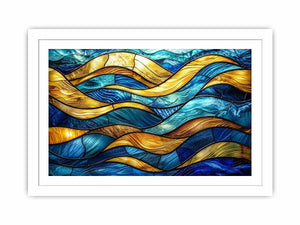 Luxury blue and gold stained glass abstract wave wall art for modern coastal and contemporary interiors