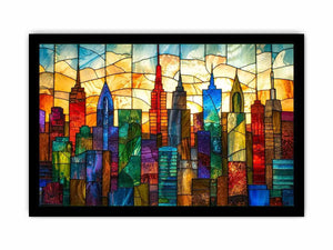 Colorful modern stained glass cityscape wall art with vibrant geometric skyline and glowing luxury urban design