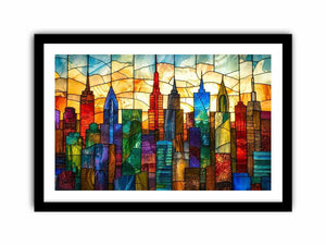 Colorful modern stained glass cityscape wall art with vibrant geometric skyline and glowing luxury urban design