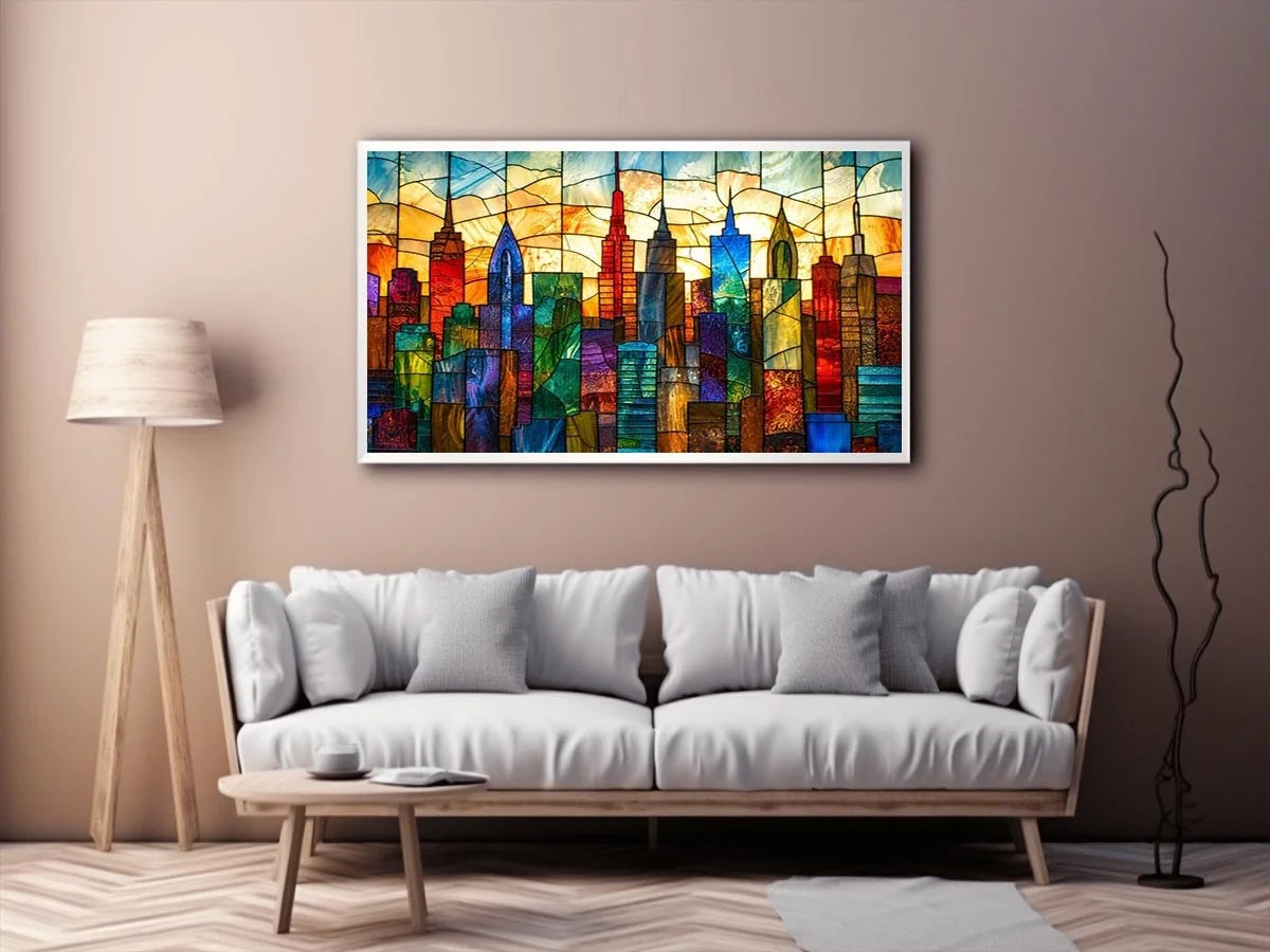 Colorful modern stained glass cityscape wall art with vibrant geometric skyline and glowing luxury urban design