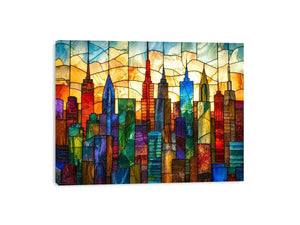 Colorful modern stained glass cityscape wall art with vibrant geometric skyline and glowing luxury urban design