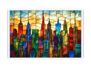Colorful modern stained glass cityscape wall art with vibrant geometric skyline and glowing luxury urban design