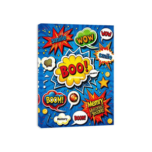 Colorful retro pop art comic wall art with bold speech bubbles and playful typography design