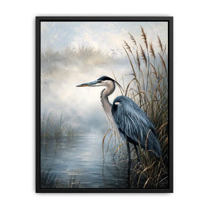 Minimalist blue heron marsh wall art with soft coastal reeds and serene neutral tones for modern luxury interiors