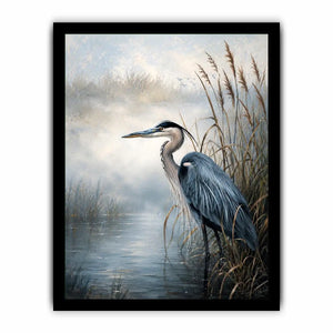 Minimalist blue heron marsh wall art with soft coastal reeds and serene neutral tones for modern luxury interiors