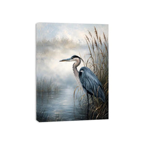 Minimalist blue heron marsh wall art with soft coastal reeds and serene neutral tones for modern luxury interiors