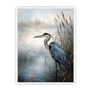 Minimalist blue heron marsh wall art with soft coastal reeds and serene neutral tones for modern luxury interiors