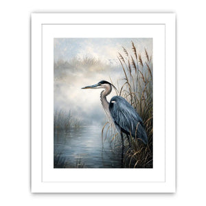 Minimalist blue heron marsh wall art with soft coastal reeds and serene neutral tones for modern luxury interiors