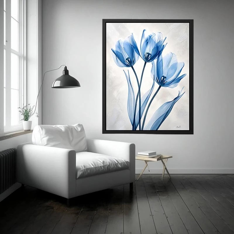 Minimalist blue tulip floral wall art with soft airy petals and elegant modern botanical design for luxury interiors