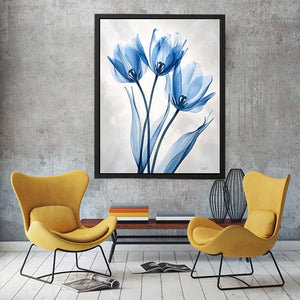 Minimalist blue tulip floral wall art with soft airy petals and elegant modern botanical design for luxury interiors