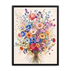 Colorful watercolor wildflower bouquet wall art with delicate pastel blooms and airy botanical illustration for modern interiors