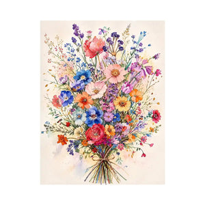 Colorful watercolor wildflower bouquet wall art with delicate pastel blooms and airy botanical illustration for modern interiors
